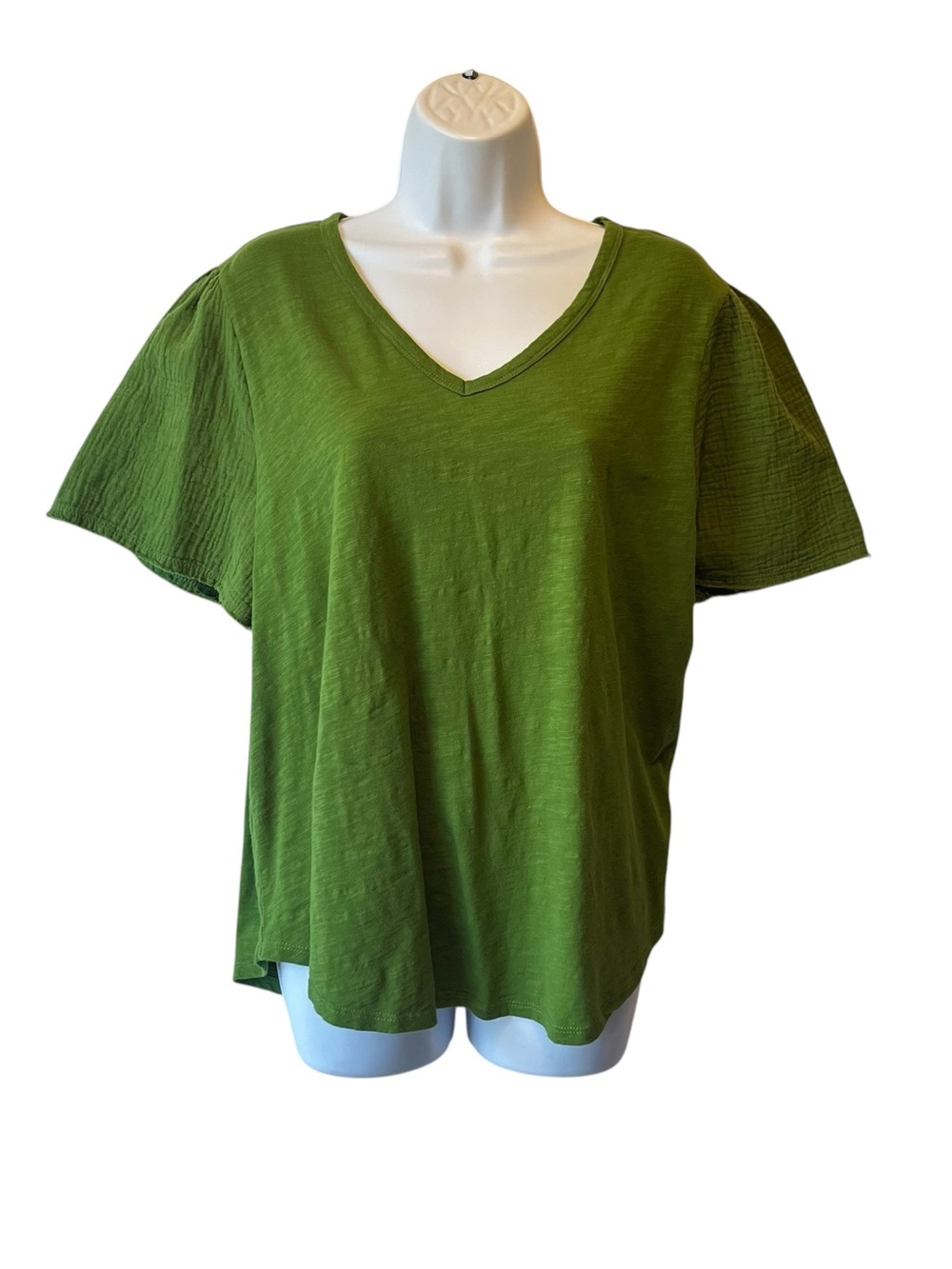 Time and Tru tee XL 16 18 Green Crinkle short sleeve shirt V-neck Womens top